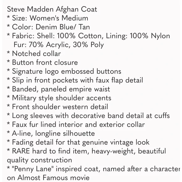 Retro STEVE MADDEN Coat Vintage LONG ISLAND CITY Penny Lane Denim Fur Size Large - Picture 5 of 13